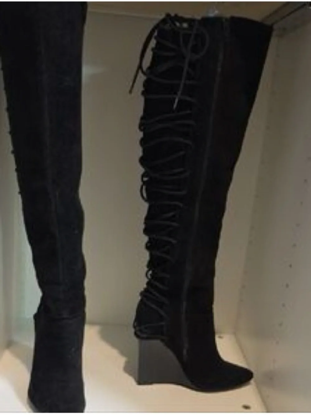 Bakers Black Lace-Up Over-the-Knee Wedge Boots